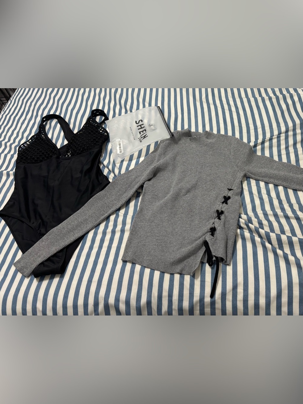 SHEIN black bathing suit- Gray Ribbed Side-Tie Mock Neck Sweater